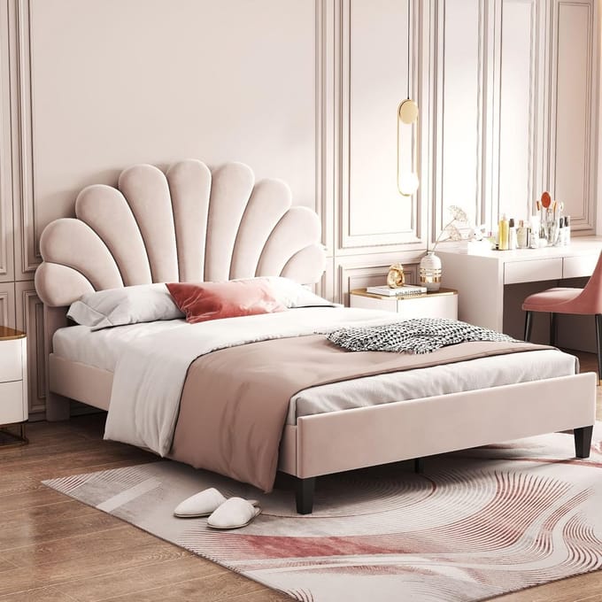 Gestoffeerd Tweepersoonsbed 140x200 cm met Bloemvormig Hoofdeinde en Lade