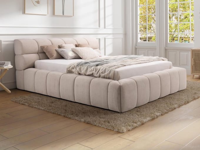 Vente-unique Bed met opbergruimte stof beige 200 x 200 cm