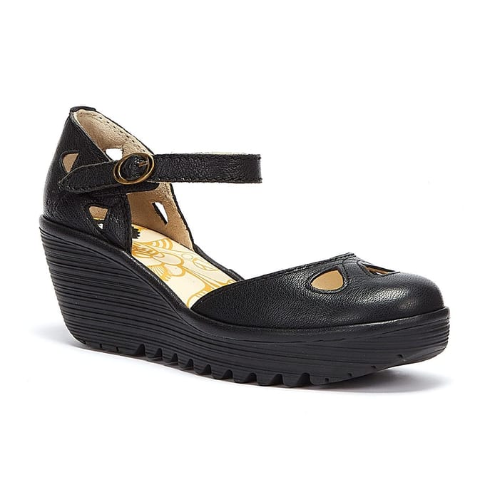 Fly London Yuna Leren Wedge Sandalen - (Zwart)