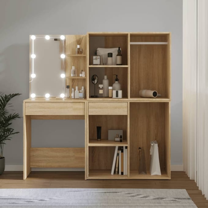vidaXL - Kaptafel - met - 2kastjes - en - LED's - bewerkt - hout - sonoma - eikenkleurig