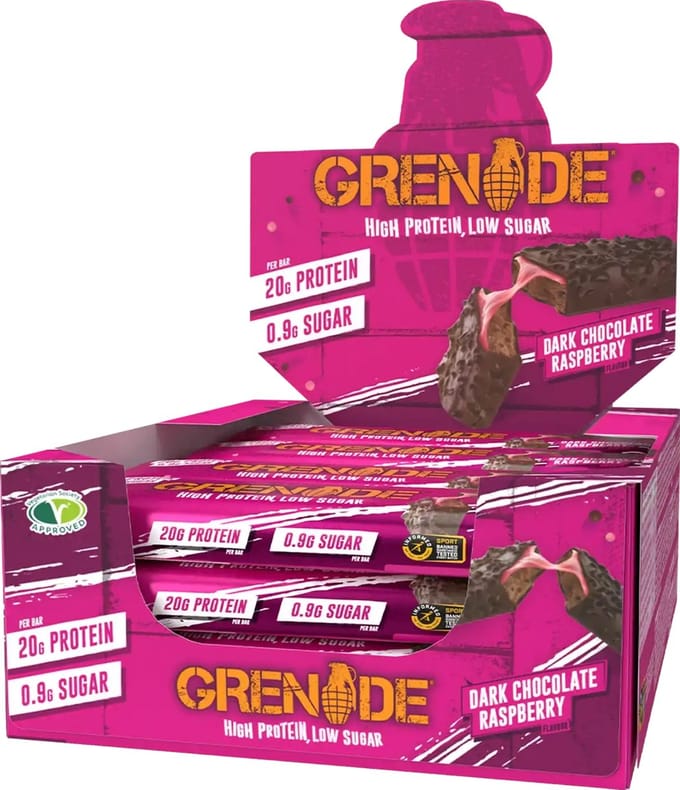 Grenade - High Protein, Low sugar - Protein bar - Dark Choc Raspberry - 20g eiwit - 12 x 60g - Eiwitreep - Diverse smaken