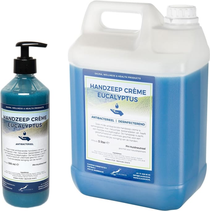 Handzeep Crème Eucalyptus 500 ml met gratis pomp - hervulbaar + Jerrycan 5 liter navulling