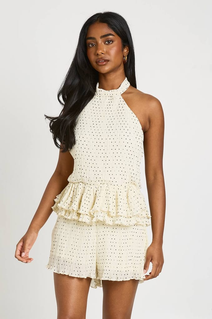 boohoo Dames Gestippelde Plisse Halter Playsuit | Ivoor | Maat: 42