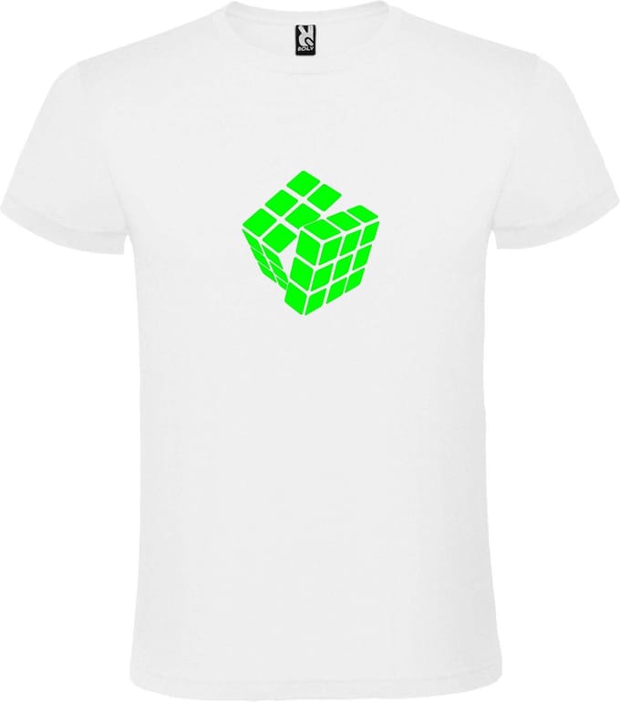 Wit T-Shirt met “ Rubik's Kubus “ afbeelding Neon Groen Size L