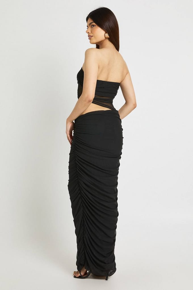 boohoo Dames Bandeau Drape Rok Mesh Maxi Jurk | Black | Maat: 8