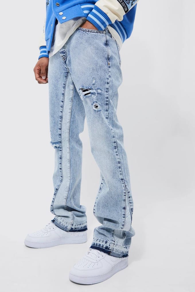 Slim Flare Washed Distressed Gusset Panel Jeans | Ice Blue | Size 28R