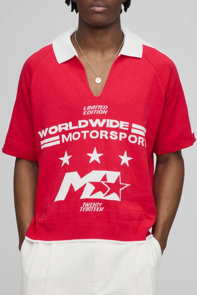 Wereldwijde oversized boxy moto jacquard gebreide polo | Red | Size Medium