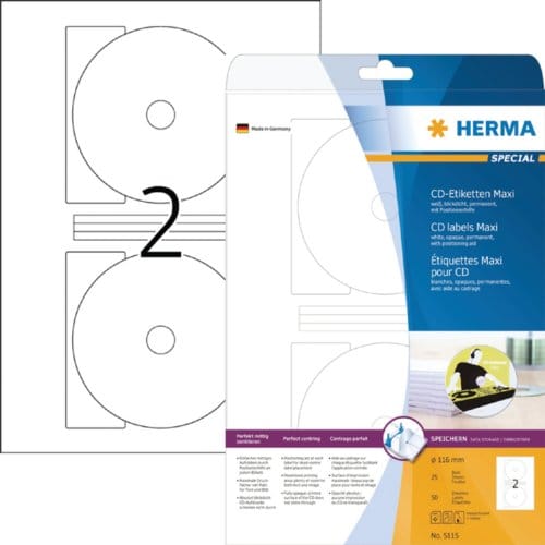 Herma 5115 CD/DVD Etiket 116mm Wit - 50 etiketten