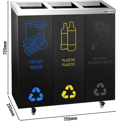 GGM Gastro Afvalscheidingssysteem - 3 vakken van 25 liter - 755x255x725mm - met wielstel, kleurcodering - zwart/zilver - staal zwart;zilver