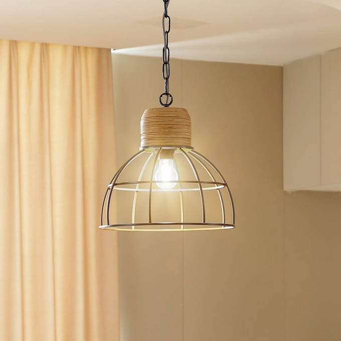 Lindby - hanglamp - 1licht - Staal, ijzer, hout - H: 20 cm - E27 - zwart, licht hout