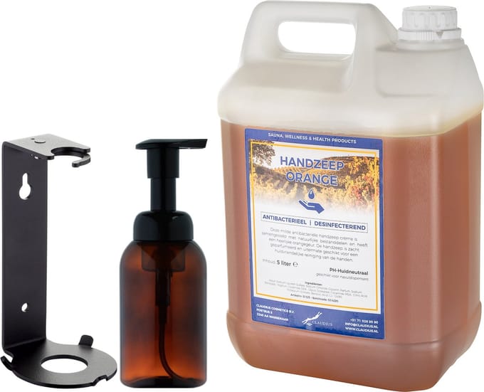 Zeepdispenser 300 ml amber bruin hervulbaar + 5 liter Handzeep Orange navulling (inclusief beugel)