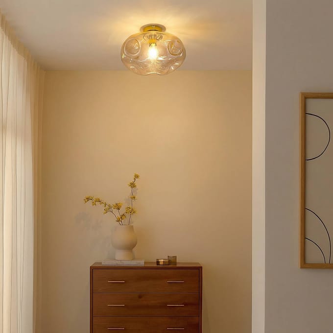 Lindby - plafondlamp - 1licht - Glas, ijzer - H: 25 cm - E27 - amber, messing