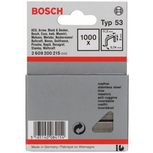 Fijndraadnieten type 53, 11,4 x 0,74 x 8 mm, verpakking van 1000 stuks, roestvrij 1000 stuk(s) Bosch Accessories 2609200215 Afm. (l x b) 8 mm x 11.4 mm