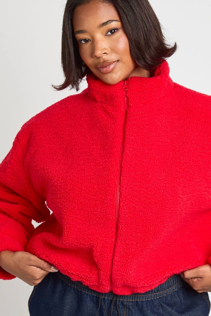 boohoo Dames Plus Zip-Up Teddy-jas | Red | Maat: 28