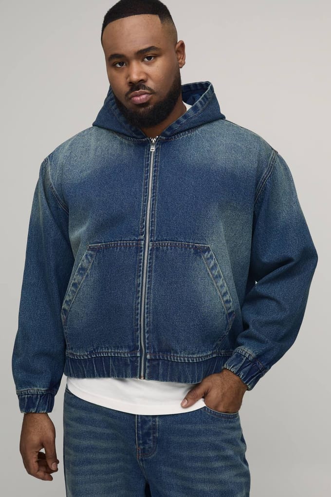 Plus Gewassen Denim Hoodie Met Rits | Mid Blue | Size 3XL