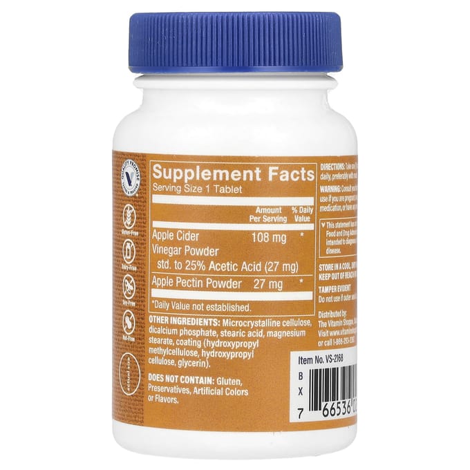 The Vitamin Shoppe, vinaigre de cidre de pomme avec pectine de pomme, 100 comprimés