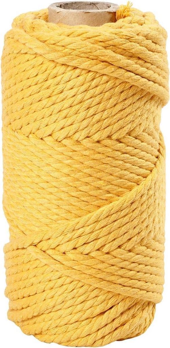 Macramé koord, L: 55 m, d 4 mm, geel, 1x330gr/ 1 rol