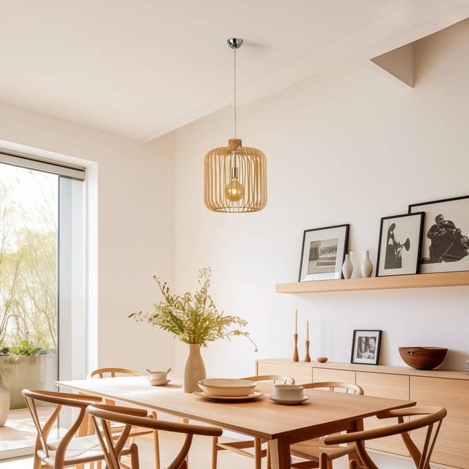 Argon Hanglamp Paz chroom, houten lamellencilinder Ø 45 cm