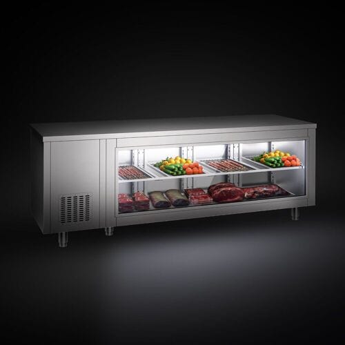 GGM Gastro Kühltisch - 2330x700mm - rückseitig 4 Türen - mit Glasfront Zilver