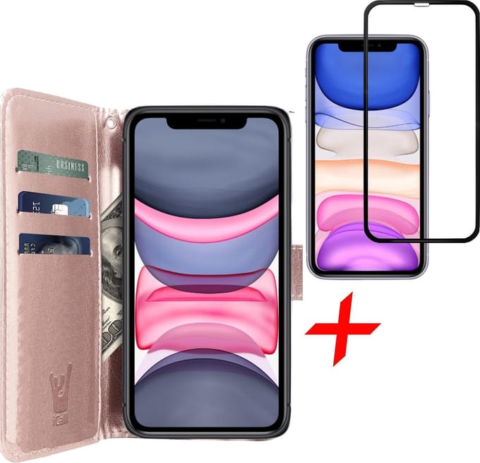 Hoesje geschikt voor iPhone 11 - Screen Protector FullGuard - Book Case Kunstleer Pasjeshouder Rosegoud & Screenprotector