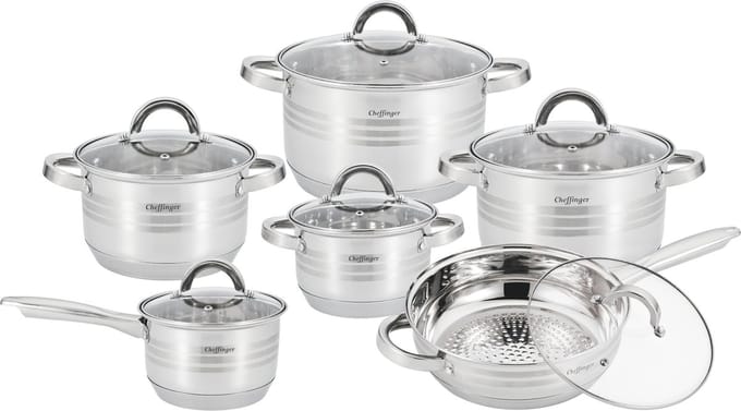 Cheffinger Kookpannen - Pannenset inductie 12-delig - Glazen Deksel - RVS