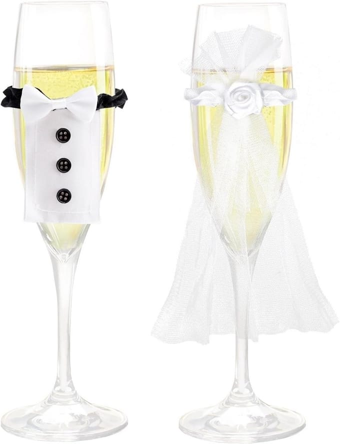 Bruidspaar Glasdecoratie - Champagne Glas Sets - Bruiloft Versiering - Handgemaakt Uniek Design - 18 en 6 cm - Wit