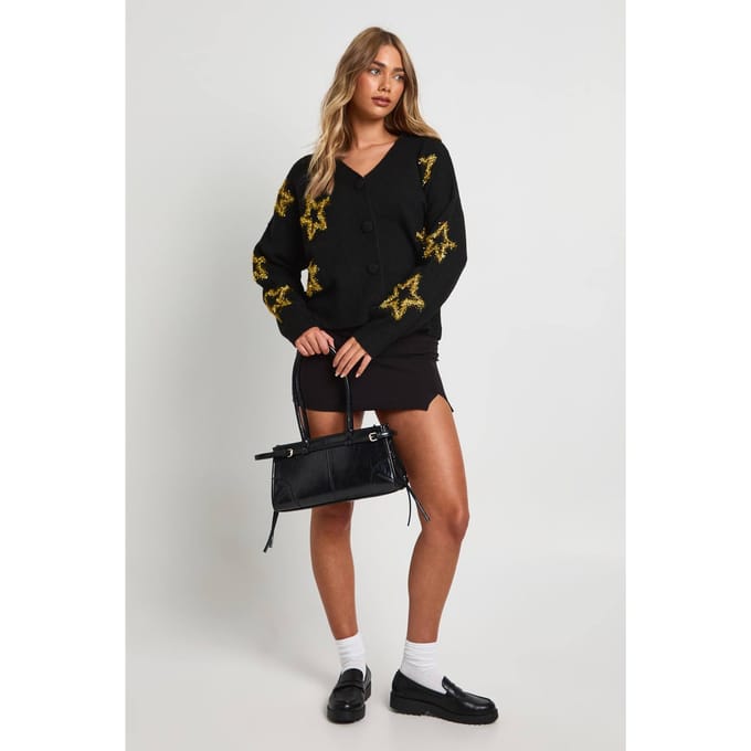 boohoo Dames Star Tinselprint Oversized Gebreide Cardigan | Black | Maat: Medium
