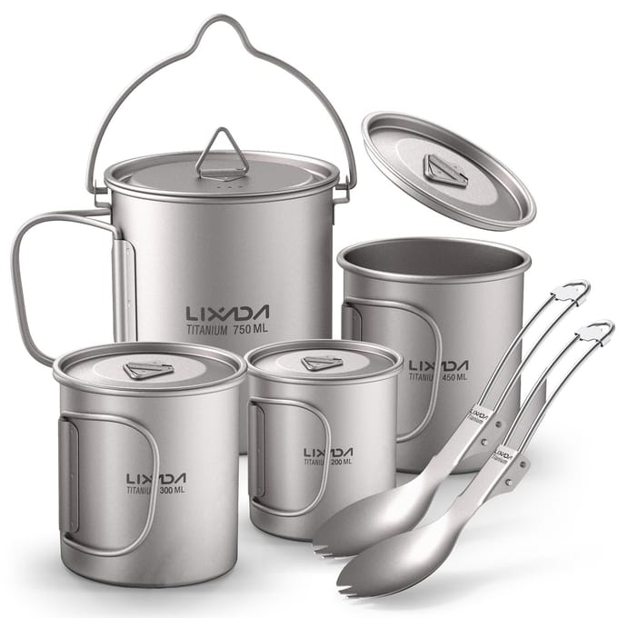 Ensemble léger de 6 pièces en Ti, pot de 750 ml, gobelet d'eau de 450 ml, 350 ml et 200 ml avec couvercle pliable 6pcs gray