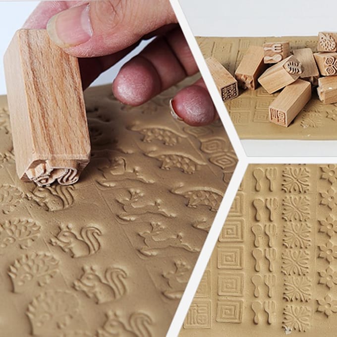 16 Stuks Handgesneden Stempels Beukenhout DIY Klei Aardewerk Drukvormen Gereedschap Knutselaccessoires white