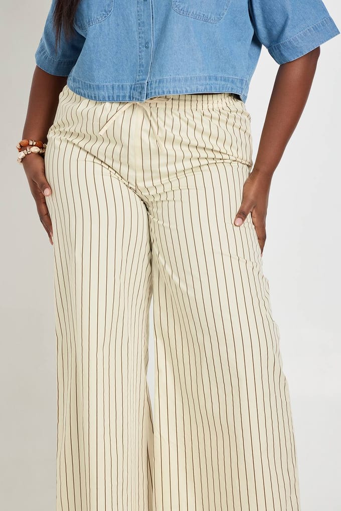 boohoo Dames Plus Gestreepte Poplin Wijde Broek Met Trekkoord | Citroen | Maat: 48