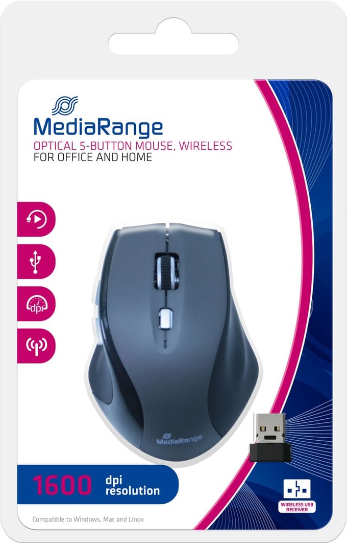 MediaRange Draadloos Optical Mouse. Zwart/grijs - Muis - Optisch - 5 knoppen - Grijs