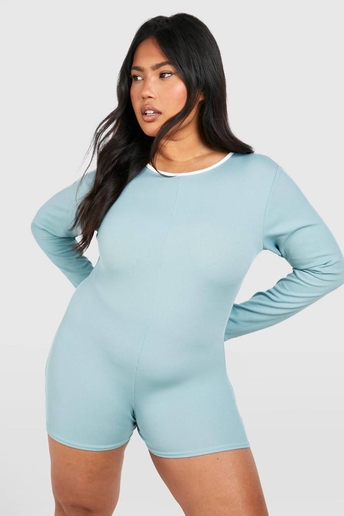 boohoo Dames Plus Rib Contrast Binding Playsuit | Blauw | Maat: 48
