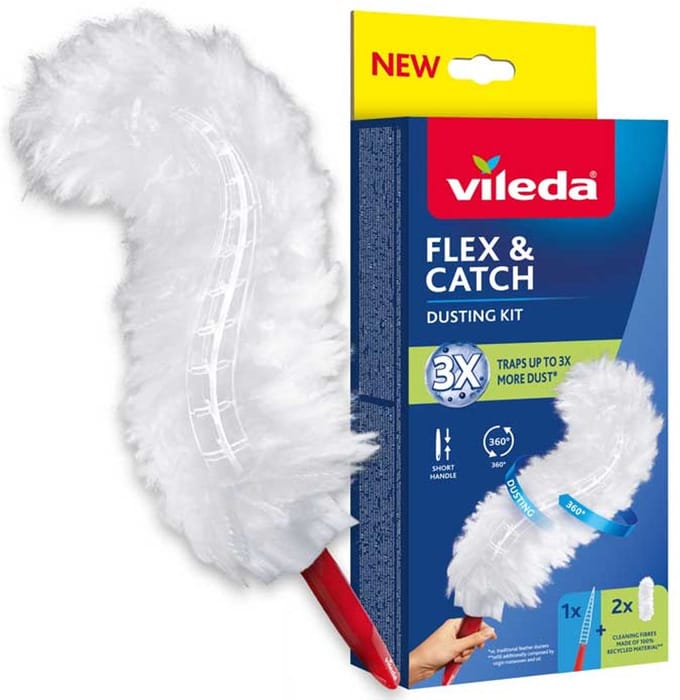 Vileda Flex&Catch - Stofbezem met korte steel - 2 navulling inbegrepen - antislip - flexibele kop - 179432