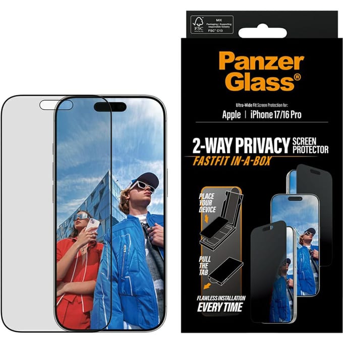 PanzerGlass Screenprotector geschikt voor Apple iPhone 16 Pro Glazen | PanzerGlass FastFit Screenprotector Privacy - Case Friendly - Zwart