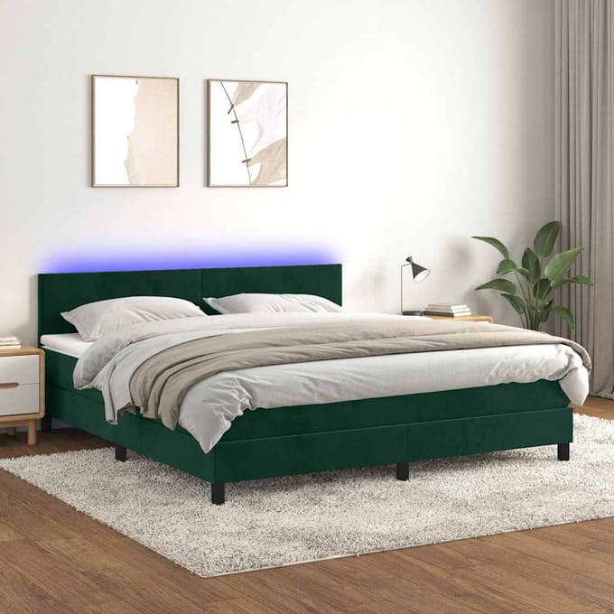 vidaXL - Boxspring - met - matras - en - LED - fluweel - donkergroen - 180x200 - cm