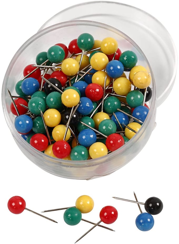 Kaart pinnen, L: 17 mm, d 6 mm, diverse kleuren, 100 div/ 1 doos