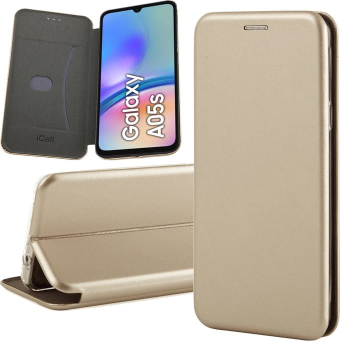 Hoesje geschikt voor Samsung Galaxy A05s - Screenprotector Glas & Camera - Wallet Book Case Goud