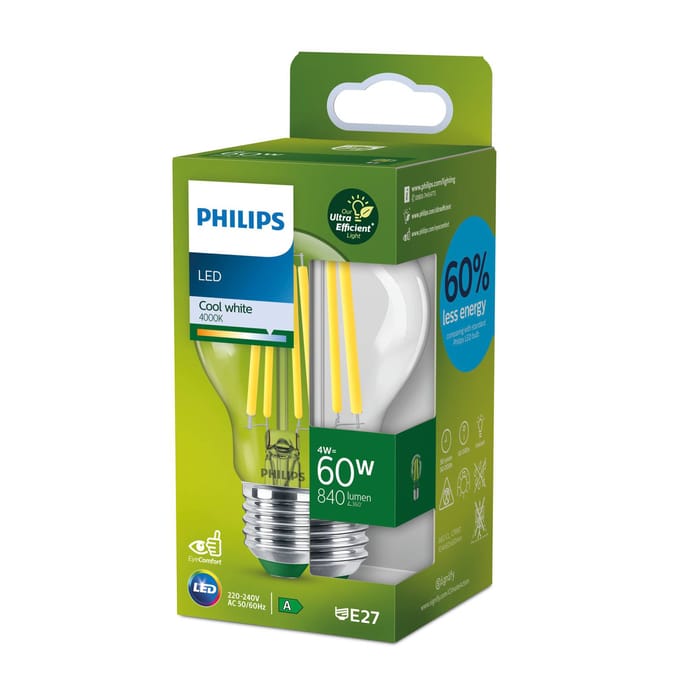 Philips LED lamp Transparant - 60 W - E27 - koelwit licht