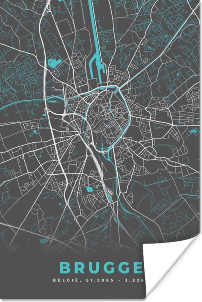 Poster Stadskaart – Grijs - Kaart – Brugge – België – Plattegrond - 60x90 cm