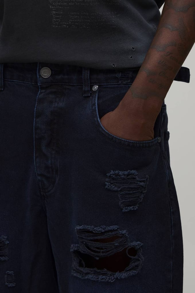 Verstelbare Taille Getinte Extreem Gescheurde Super Baggy Jeans | Washed Black | Size 32R