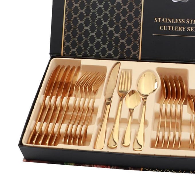 Bestekset RVS Glanzend 24 Stuks Steakmes Vork Lepel Set voor Restaurant Goudkleurig goud