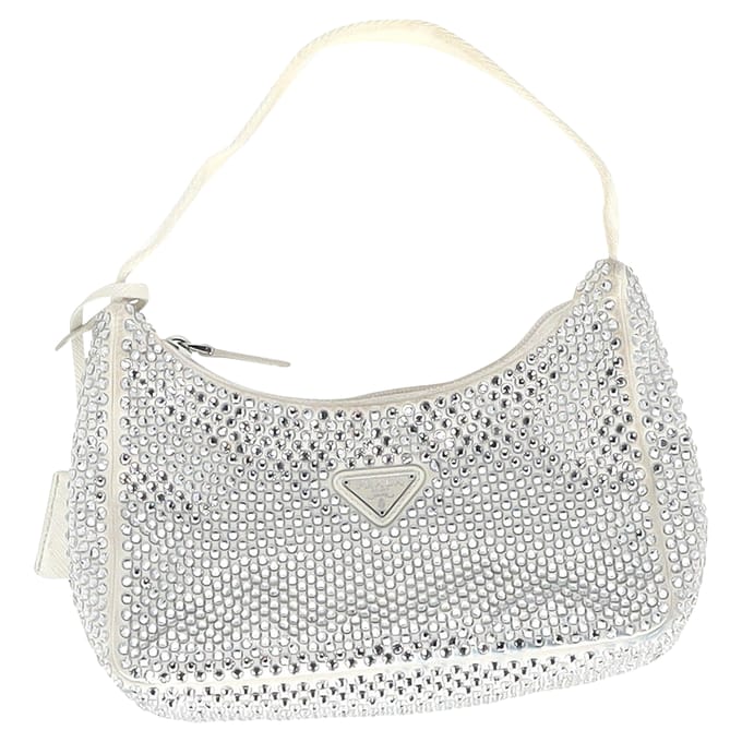 Prada Crystal-B versierde Re-Editie 2000 Tas in Crème Satijn