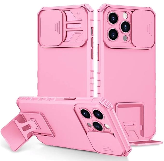 Cityhoesje - iPhone 15 Pro Max- Slide Camera Lid – BackCover - Anti-drop Kickstand - Roze