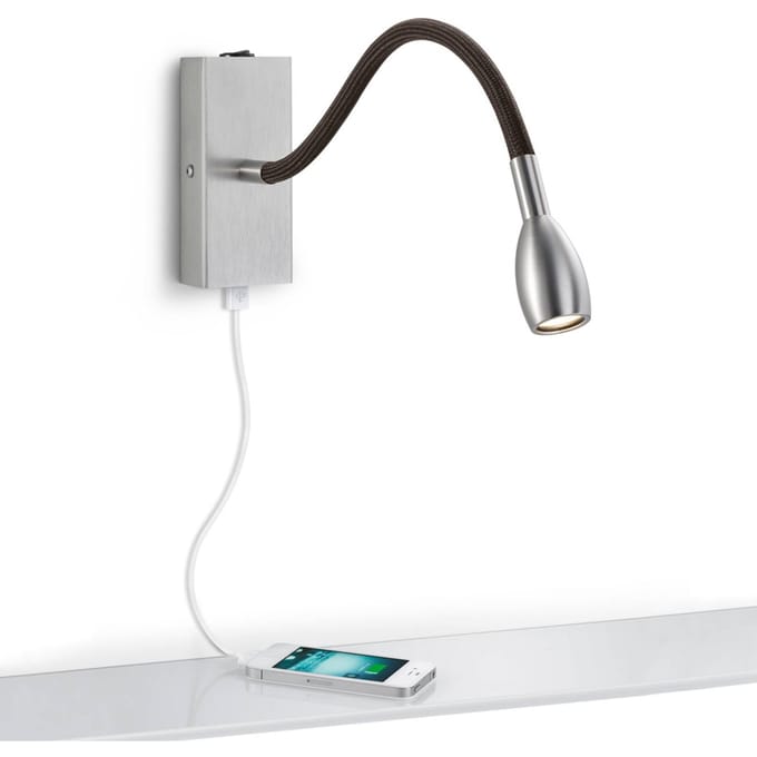 Knapstein Milos nikkel LED wandlamp met USB oplaadpoort