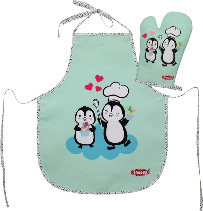 Heless kinderschort en ovenwant - pinguïn print - keukenspeelgoed.