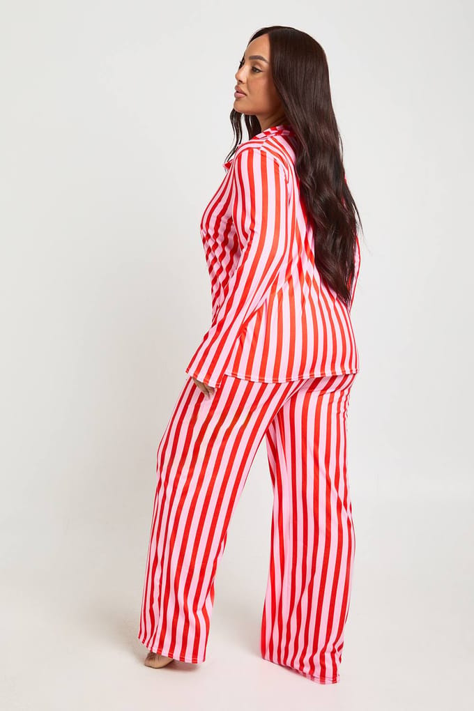 boohoo Dames Plus Gestreepte Print Lange Mouw & Broek Pyjama Set | Pink | Maat: 16