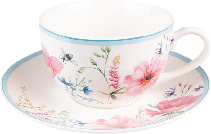 Clayre & Eef Kop en Schotel 230 ml Wit Roze Porselein Bloemen