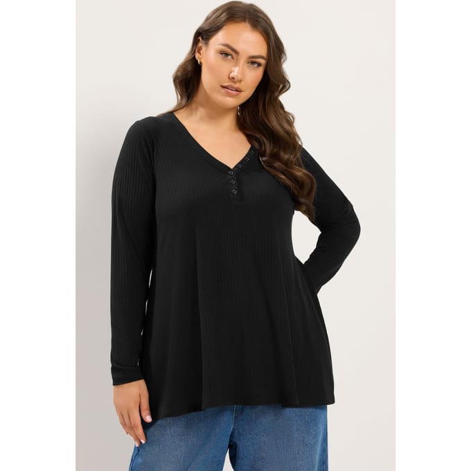 Yours Zwarte Geribbelde Henley Swing Top Size 42