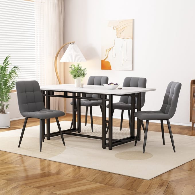 MODENUIT Eethoek Set 120 x 70 cm - Met 4 Gestoffeerde Stoelen - Voor Eetkamer En Woonkamer - MDF En Fluweel Grijs