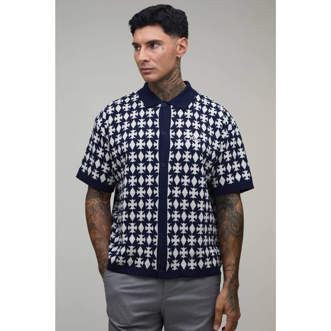 Lang Gebreide Shirt Met Ontspannen Boxy Pasvorm En Jacquard Patch | Navy | Size Large